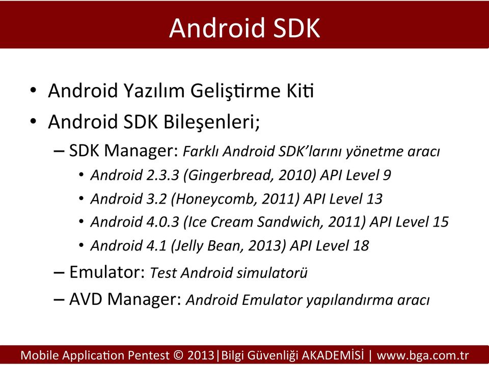 2 (Honeycomb, 2011) API Level 13 Android 4.0.3 (Ice Cream Sandwich, 2011) API Level 15 Android 4.