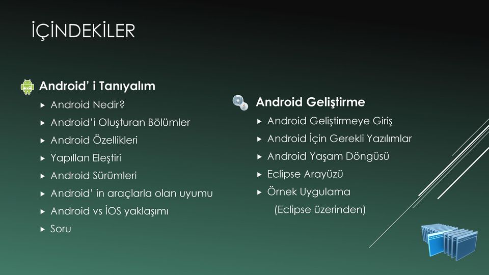 Android in araçlarla olan uyumu Android vs İOS yaklaşımı Soru Android Geliştirme