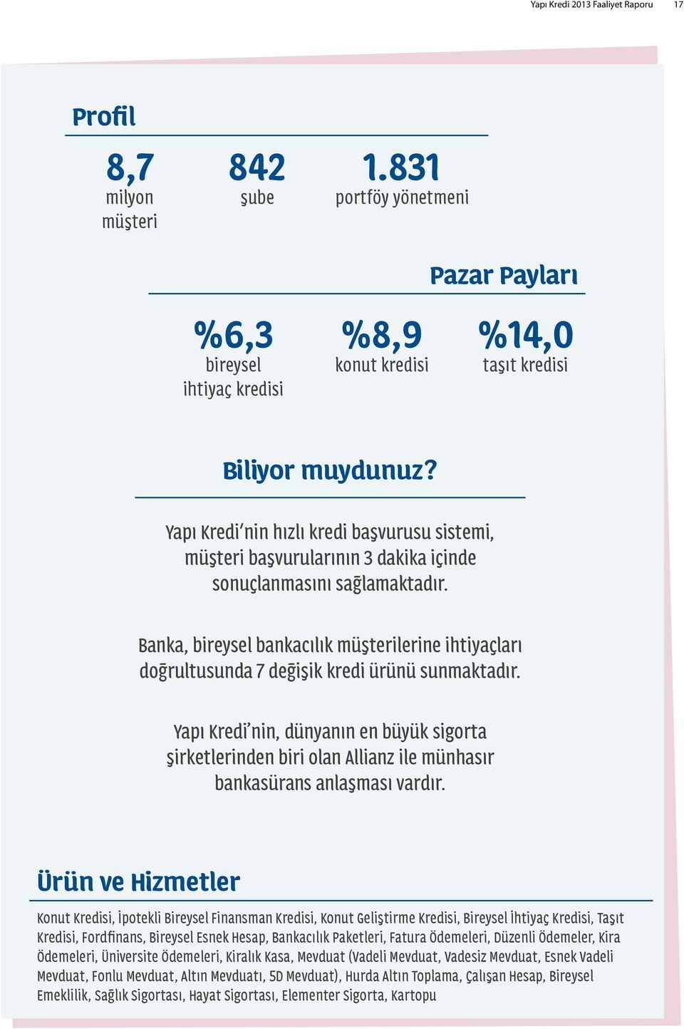 Banka, bireysel bankacılık müşterilerine ihtiyaçları doğrultusunda 7 değişik kredi ürünü sunmaktadır.