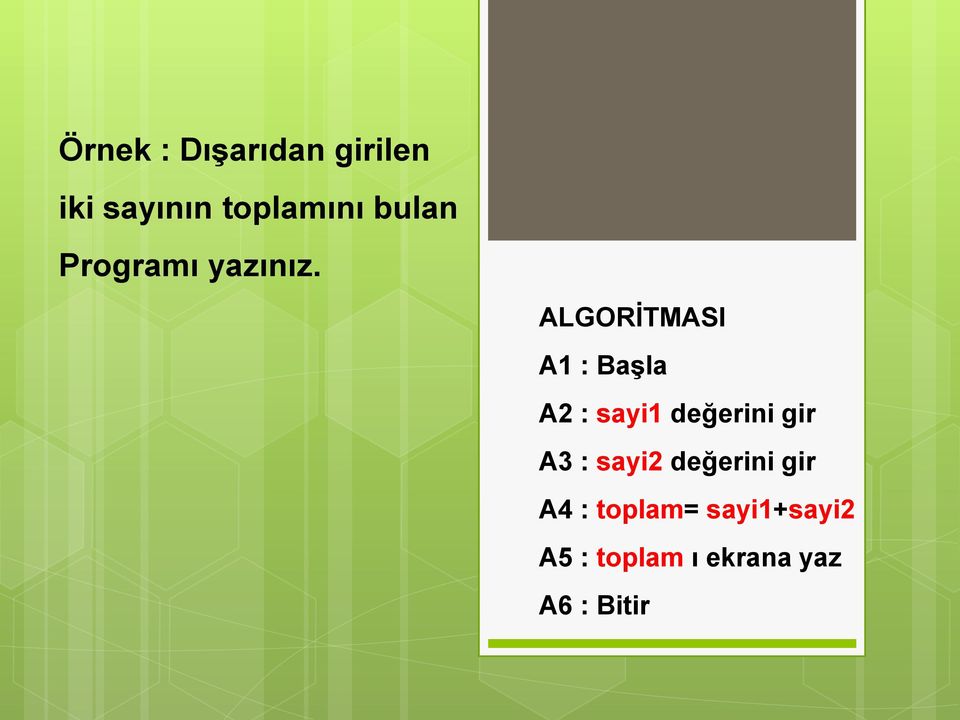 ALGORİTMASI A1 : Başla A2 : sayi1 değerini gir A3