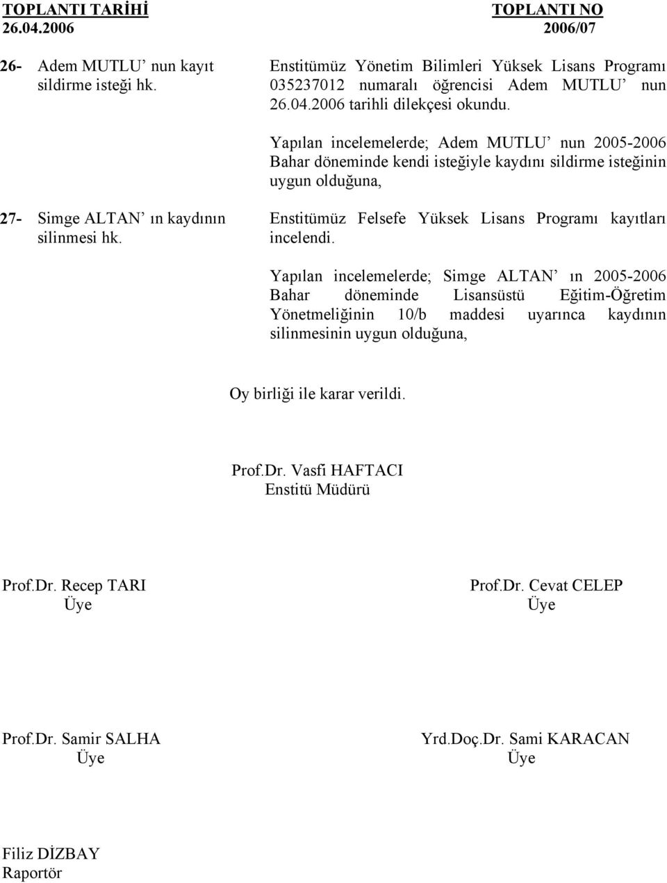 Enstitümüz Felsefe Yüksek Lisans Programı kayıtları incelendi.