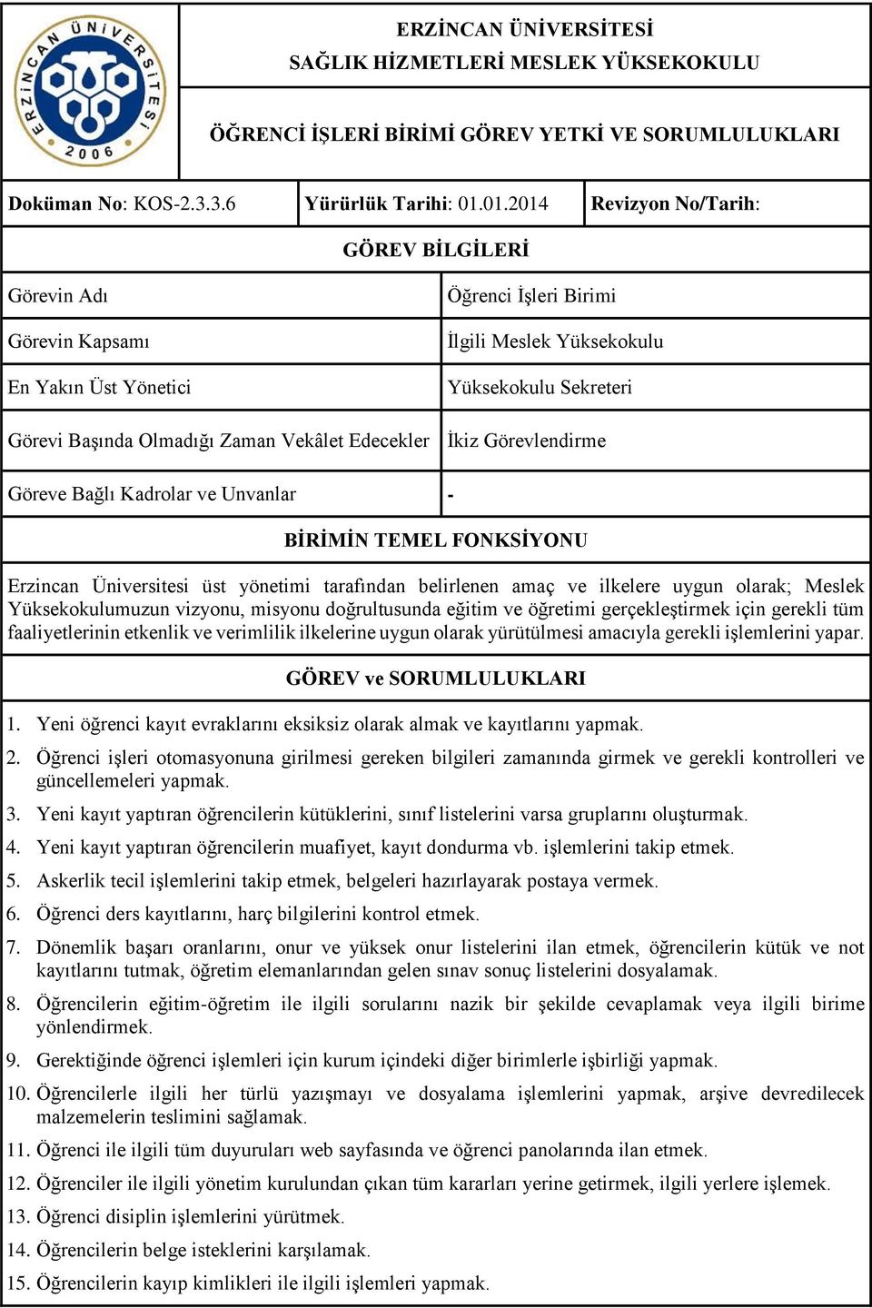 Vekâlet Edecekler İkiz Görevlendirme Göreve Bağlı Kadrolar ve Unvanlar - BİRİMİN TEMEL FONKSİYONU Erzincan Üniversitesi üst yönetimi tarafından belirlenen amaç ve ilkelere uygun olarak; Meslek