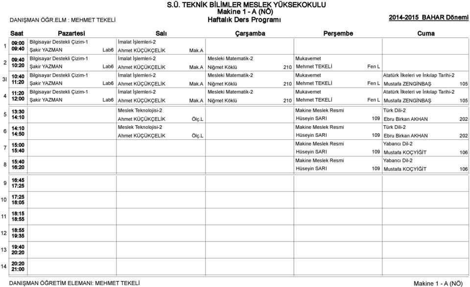 A Niğmet Köklü 0 Mehmet TEKELİ Fen L Bilgisayar Destekli Çizim- İmalat İşlemleri- Mesleki Matematik- Mukavemet Atatürk İlkeleri ve İnkılap Tarihi- Şakir YAZMAN Lab Ahmet KÜÇÜKÇELİK Mak.