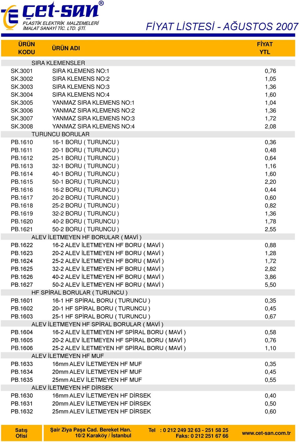 1613 32-1 BORU ( TURUNCU ) PB.1614 40-1 BORU ( TURUNCU ) PB.1615 50-1 BORU ( TURUNCU ) PB.1616 16-2 BORU ( TURUNCU ) PB.1617 20-2 BORU ( TURUNCU ) PB.1618 25-2 BORU ( TURUNCU ) PB.