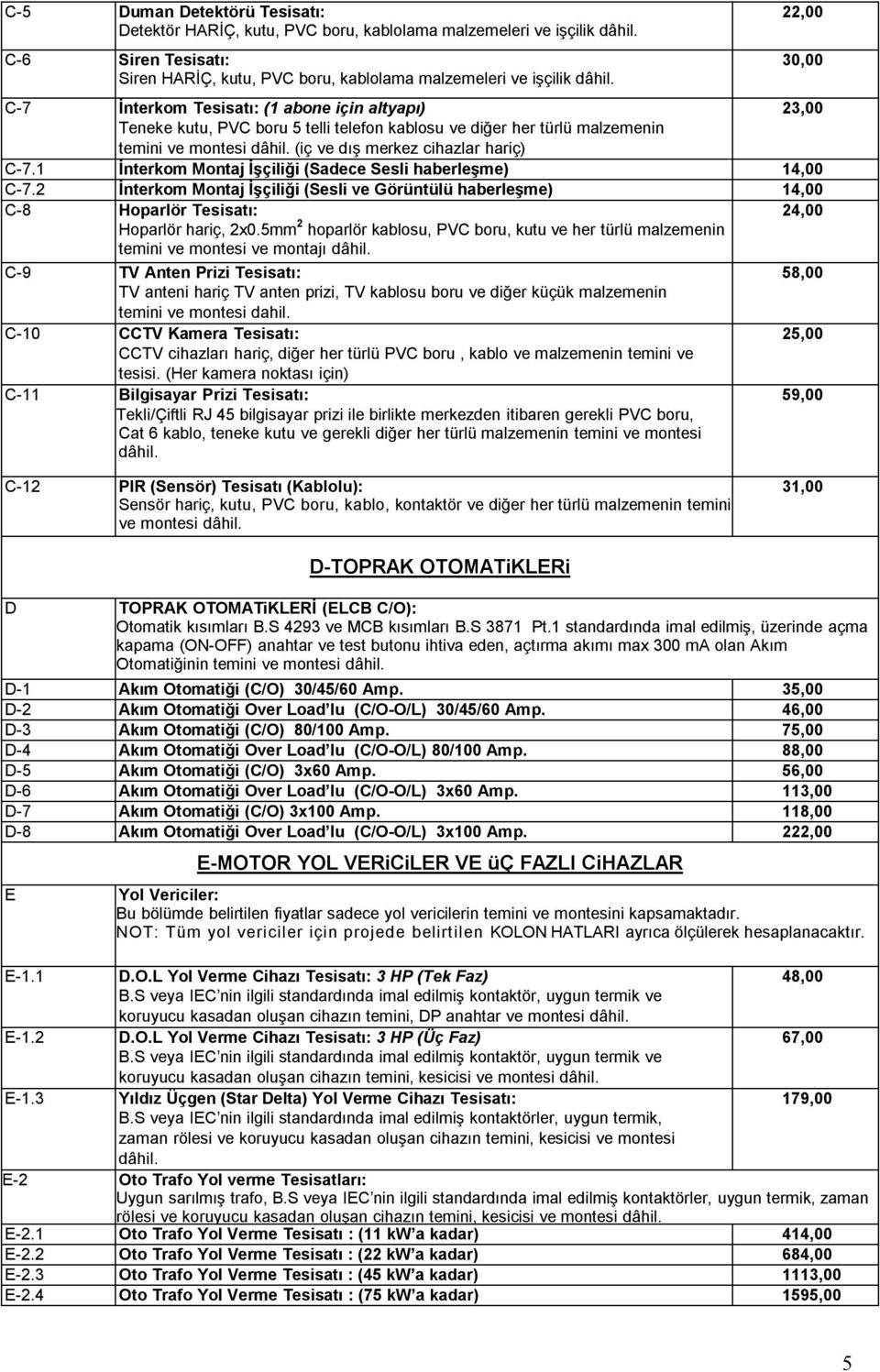 1 İnterkom Montaj İşçiliği (Sadece Sesli haberleşme) 14,00 C-7.2 İnterkom Montaj İşçiliği (Sesli ve Görüntülü haberleşme) 14,00 C-8 Hoparlör Tesisatı: 24,00 Hoparlör hariç, 2x0.