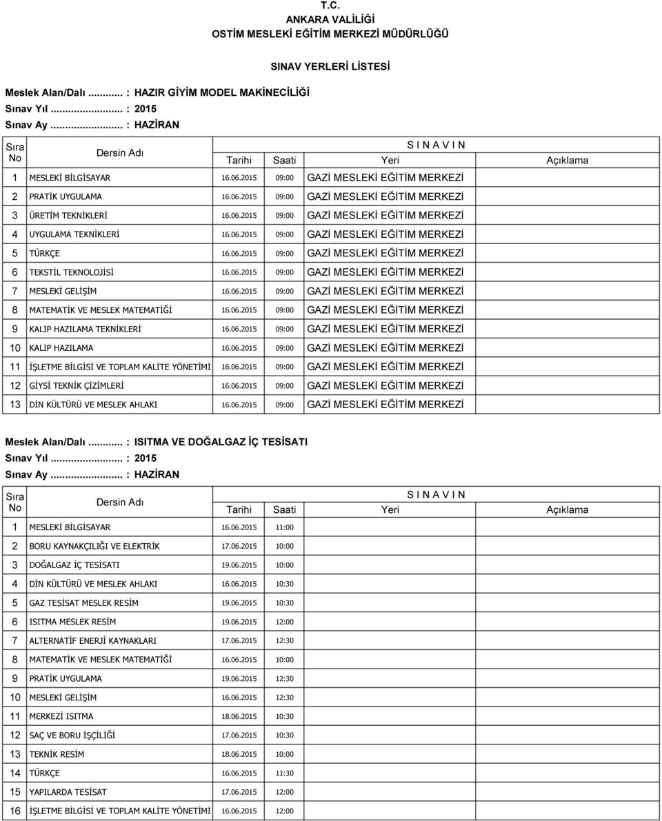 06.2015 09:00 GAZİ MESLEKİ EĞİTİM MERKEZİ 8 MATEMATİK VE MESLEK MATEMATİĞİ 16.06.2015 09:00 GAZİ MESLEKİ EĞİTİM MERKEZİ 9 KALIP HAZILAMA TEKNİKLERİ 16.06.2015 09:00 GAZİ MESLEKİ EĞİTİM MERKEZİ 10 KALIP HAZILAMA 16.