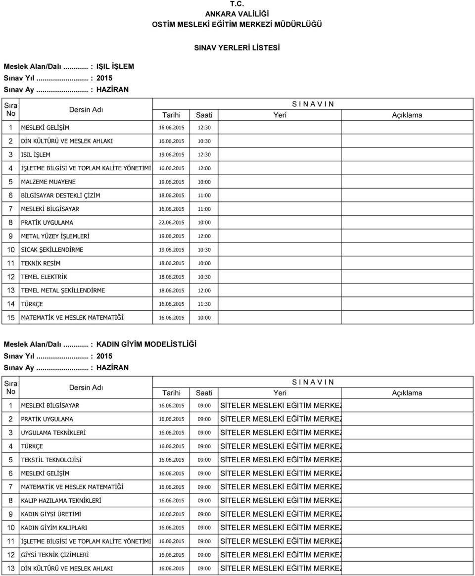 06.2015 10:30 11 TEKNİK RESİM 18.06.2015 10:00 12 TEMEL ELEKTRİK 18.06.2015 10:30 13 TEMEL METAL ŞEKİLLENDİRME 18.06.2015 12:00 14 TÜRKÇE 16.06.2015 11:30 15 MATEMATİK VE MESLEK MATEMATİĞİ 16.06.2015 10:00 Meslek Alan/Dalı.