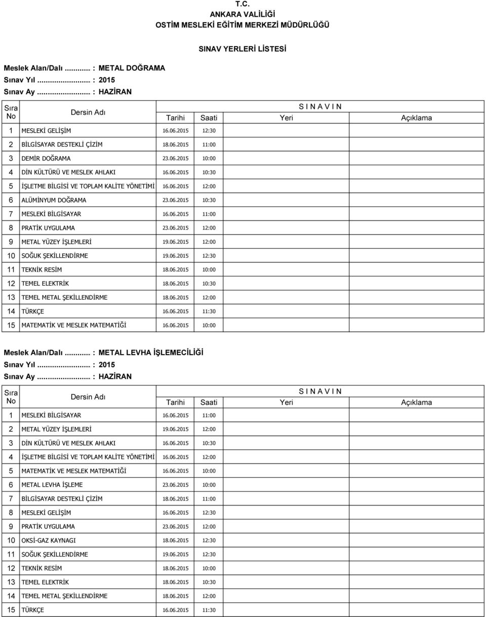 06.2015 10:00 12 TEMEL ELEKTRİK 18.06.2015 10:30 13 TEMEL METAL ŞEKİLLENDİRME 18.06.2015 12:00 14 TÜRKÇE 16.06.2015 11:30 15 MATEMATİK VE MESLEK MATEMATİĞİ 16.06.2015 10:00 Meslek Alan/Dalı.