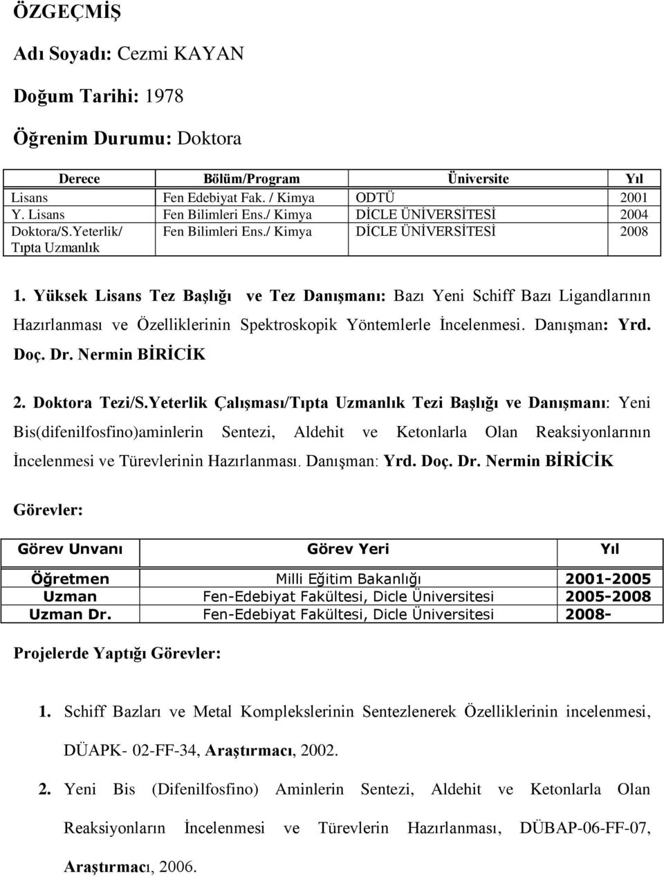 Yüksek Lisans Tez Başlığı ve Tez Danışmanı: Bazı Yeni Schiff Bazı Ligandlarının Hazırlanması ve Özelliklerinin Spektroskopik Yöntemlerle İncelenmesi. Danışman: Yrd. Doç. Dr. Nermin BİRİCİK 2.