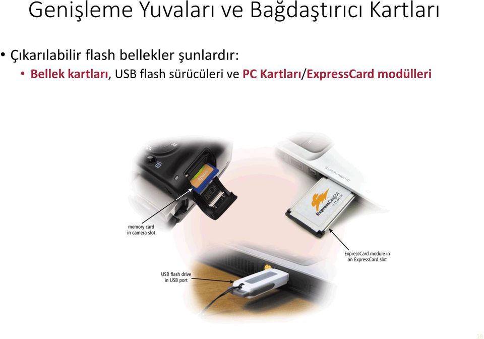 şunlardır: Bellek kartları, USB flash