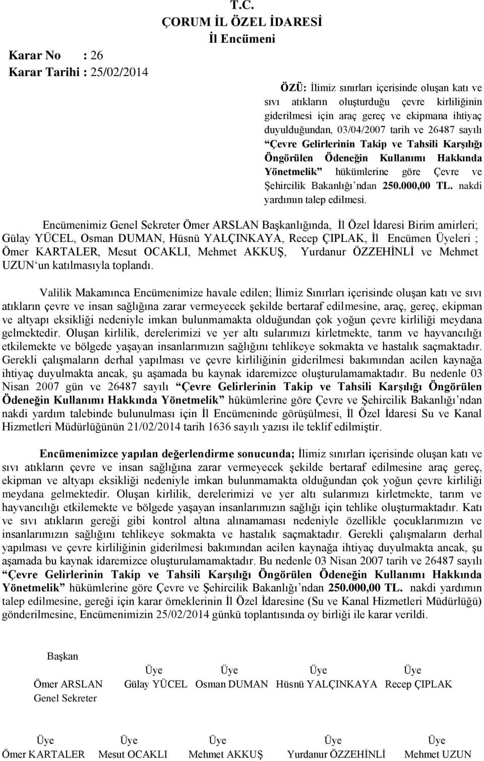 Gelirlerinin Takip ve Tahsili Karşılığı Öngörülen Ödeneğin Kullanımı Hakkında Yönetmelik hükümlerine göre Çevre ve Şehircilik Bakanlığı ndan 250.000,00 TL. nakdi yardımın talep edilmesi.