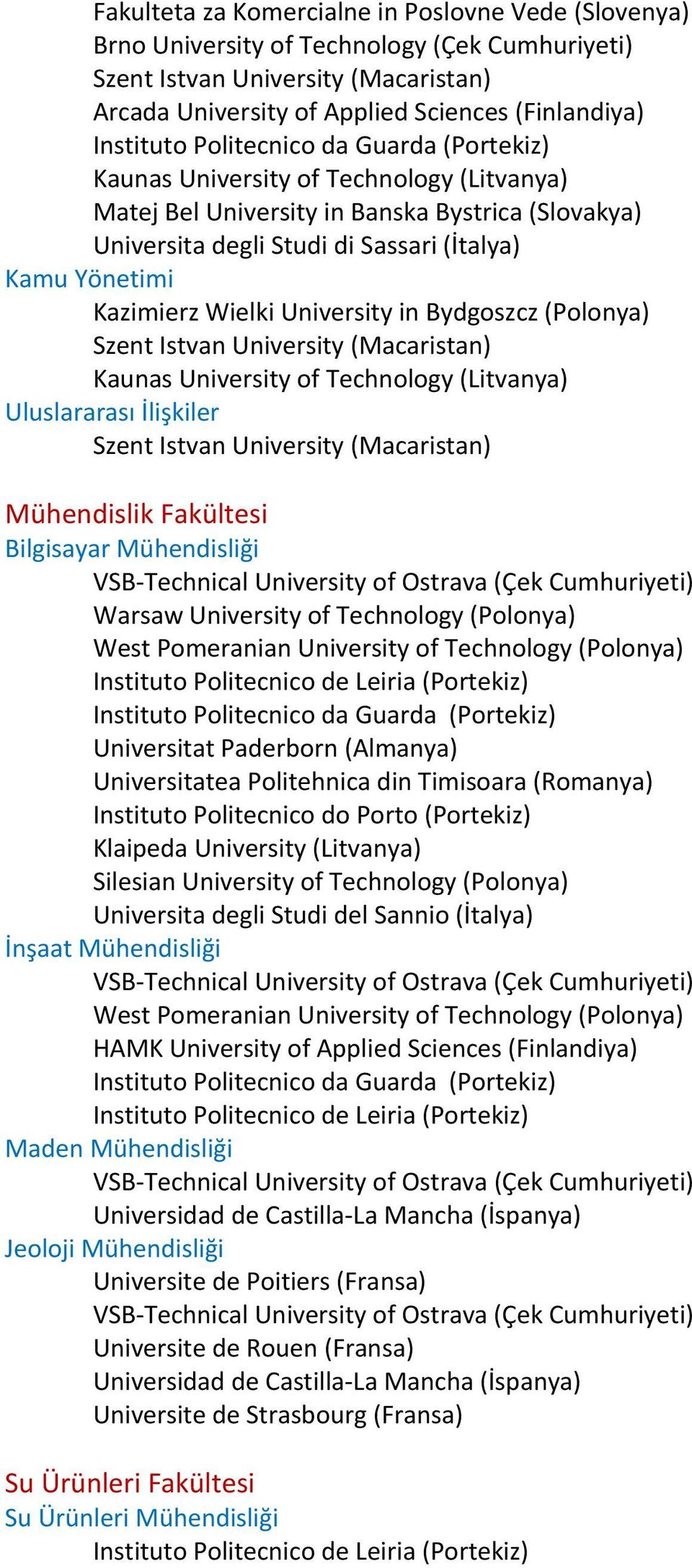 din Timisoara (Romanya) Instituto Politecnico do Porto (Portekiz) Silesian University of Technology (Polonya) İnşaat Mühendisliği West Pomeranian University of Technology (Polonya) HAMK University of