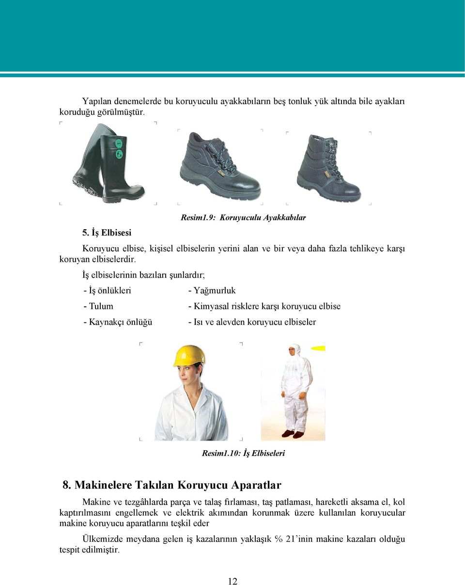 İş elbiselerinin bazıları şunlardır; - İş önlükleri - Yağmurluk - Tulum - Kimyasal risklere karşı koruyucu elbise - Kaynakçı önlüğü - Isı ve alevden koruyucu elbiseler Resim1.10: İş Elbiseleri 8.