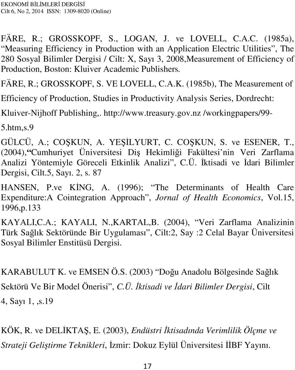 Kluiver Academic Publishers. FÄRE, R.; GROSSKOPF, S. VE LOVELL, C.A.K. (1985b), The Measurement of Efficiency of Production, Studies in Productivity Analysis Series, Dordrecht: Kluiver-Nijhoff Publishing,.