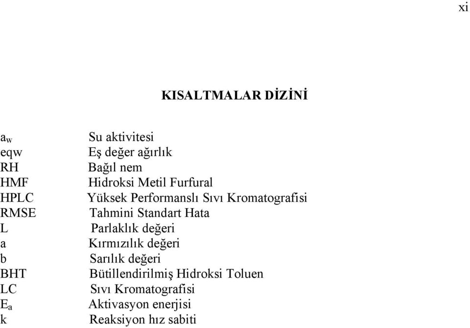 Kromatografisi Tahmini Standart Hata Parlaklık değeri Kırmızılık değeri Sarılık