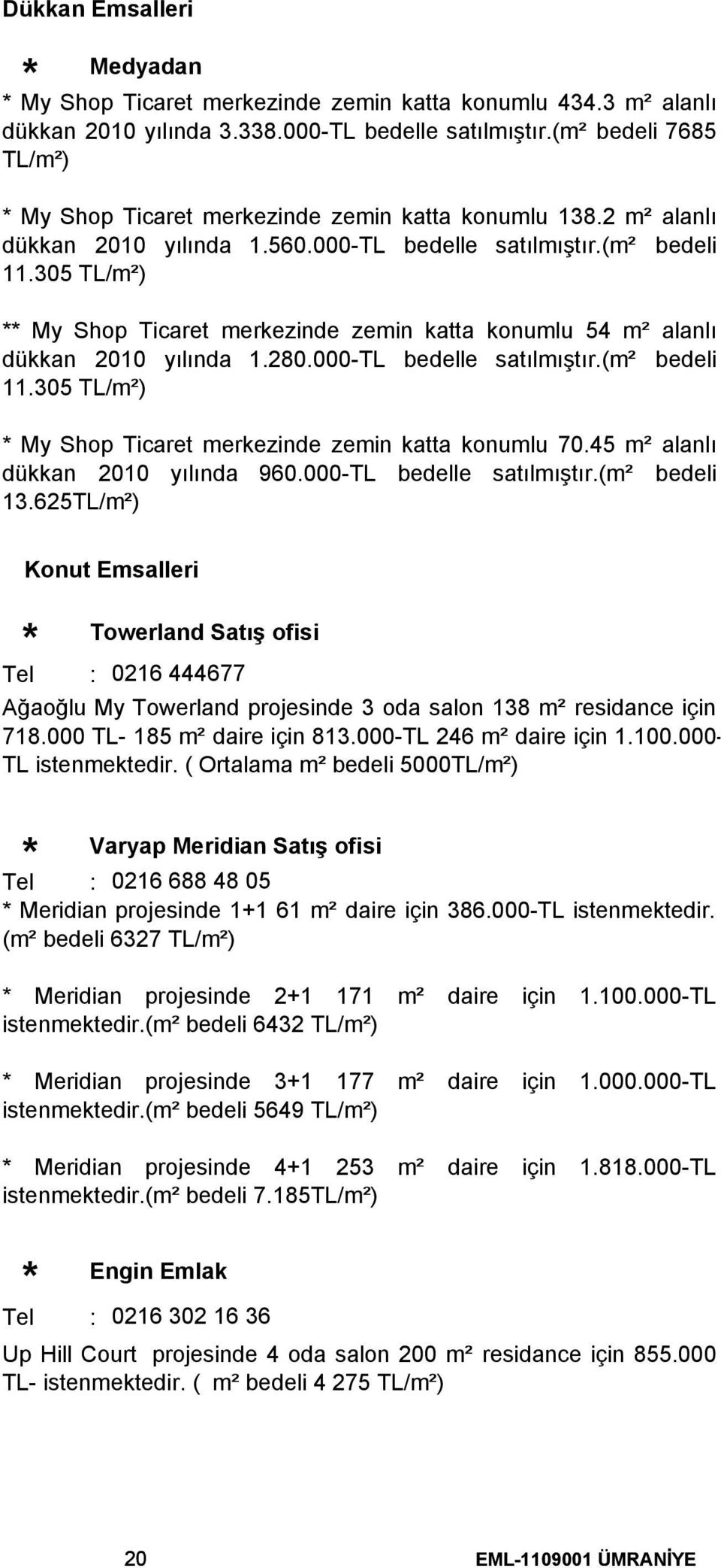 305 TL/m²) My Shop Ticaret merkezinde zemin katta konumlu 54 m² alanlı dükkan 2010 yılında 1.280.000-TL bedelle satılmıştır.(m² bedeli 11.305 TL/m²) My Shop Ticaret merkezinde zemin katta konumlu 70.