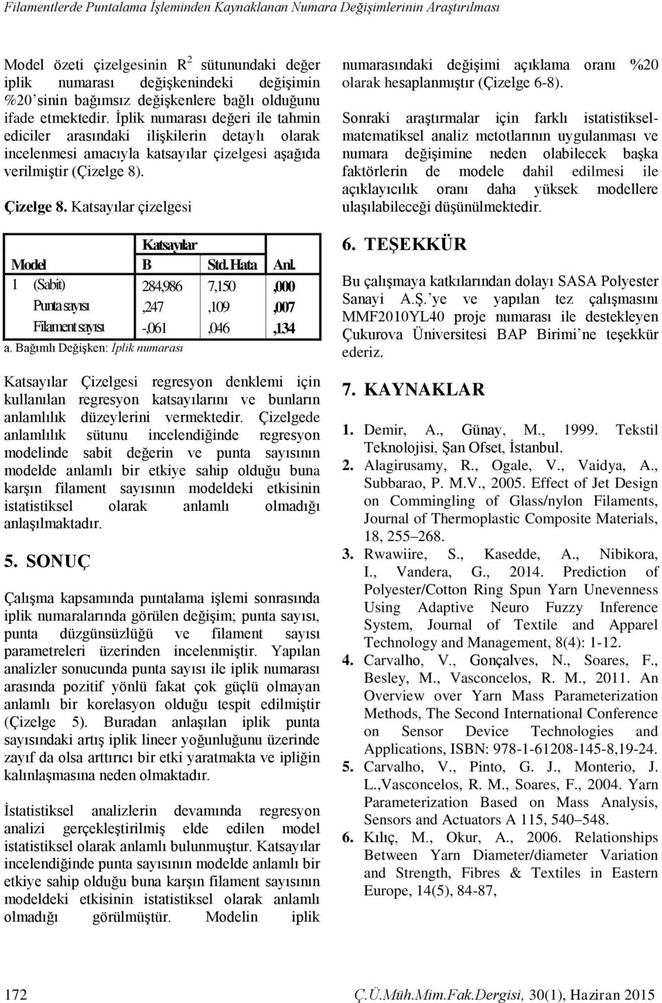 Çizelge 8. Katsayılar çizelgesi Model Katsayılar B Std. Hata Anl. 1 (Sabit) 284,986 7,150,000 Punta sayısı,247,109,007 Filament sayısı -,061,046,134 a.