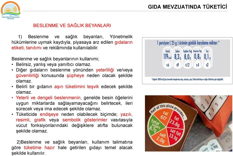 Diğer gıdaların beslenme yönünden yeterliliği ve/veya güvenilirliği konusunda şüpheye neden olacak şekilde olamaz. Belirli bir gıdanın aşırı tüketimini teşvik edecek şekilde olamaz.