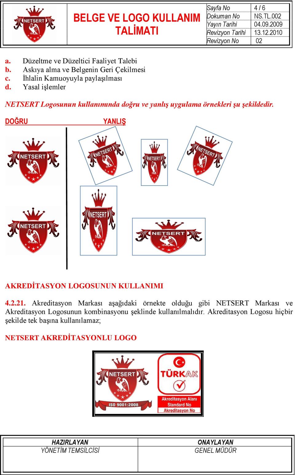 Yasal işlemler NETSERT Logosunun kullanımında doğru ve yanlış uygulama örnekleri şu şekildedir.