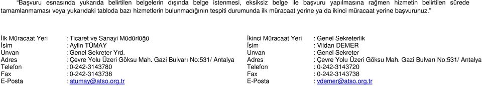 İlk Müracaat Yeri İsim Unvan Adres Telefon Fax E-Posta : Ticaret ve Sanayi Müdürlüğü : Aylin TÜMAY : Genel Sekreter Yrd. : Çevre Yolu Üzeri Göksu Mah.