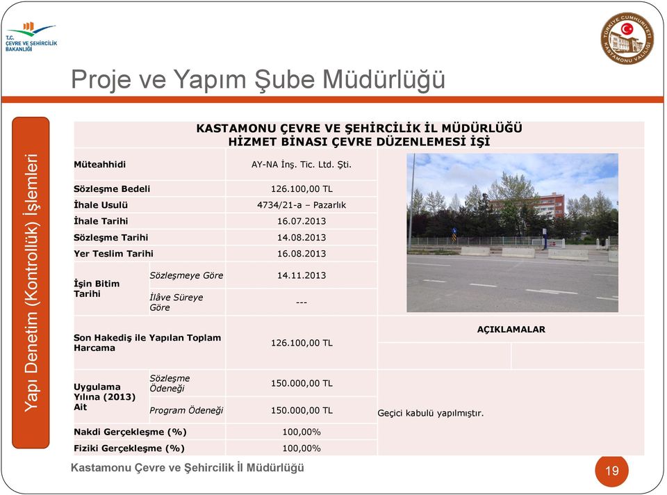 11.2013 İlâve Süreye Göre --- Son Hakediş ile Yapılan Toplam Harcama 126.100,00 TL AÇIKLAMALAR Uygulama Yılına (2013) Ait Sözleşme Ödeneği Program Ödeneği 150.