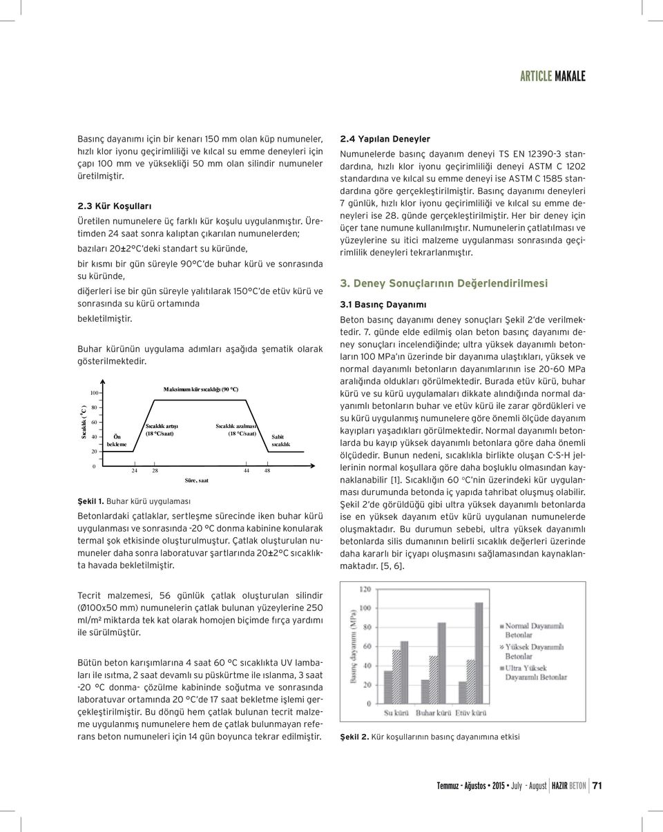 Üretimden 24 saat sonra kalıptan çıkarılan numunelerden; bazıları 20±2 C deki standart su küründe, bir kısmı bir gün süreyle 90 C de buhar kürü ve sonrasında su küründe, diğerleri ise bir gün süreyle