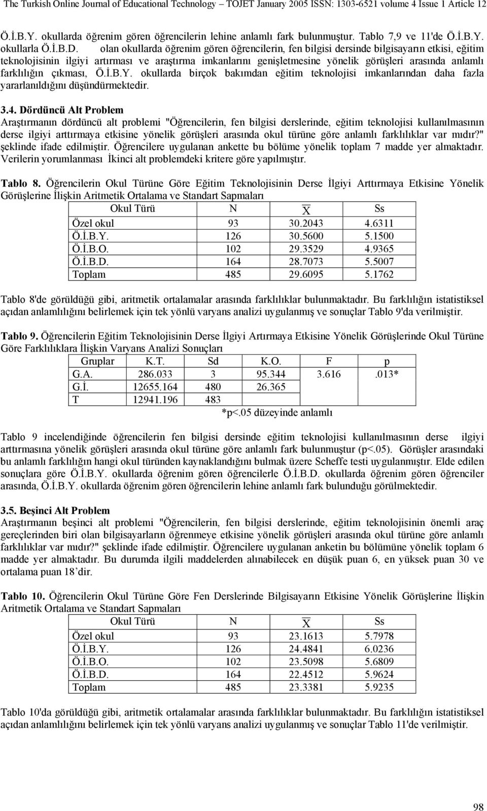 farklılığın çıkması, Ö.İ.B.Y. okullarda birçok bakımdan eğitim teknolojisi imkanlarından daha fazla yararlanıldığını düşündürmektedir. 3.4.