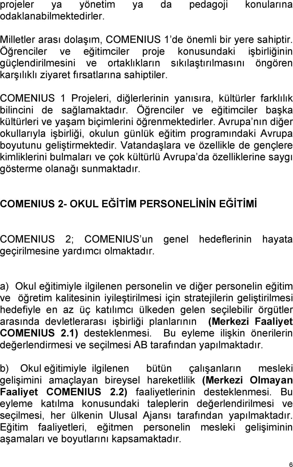 COMENIUS 1 Projeleri, diğlerlerinin yanısıra, kültürler farklılık bilincini de sağlamaktadır. Öğrenciler ve eğitimciler başka kültürleri ve yaşam biçimlerini öğrenmektedirler.