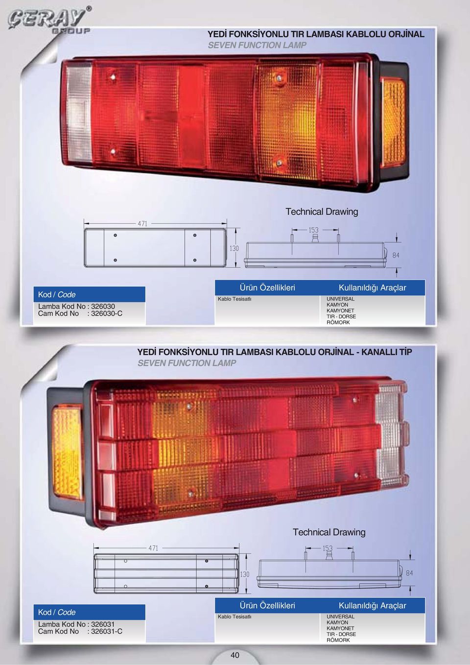 FONKSİYONLU TIR LAMBASI KABLOLU ORJİNAL - KANALLI TİP SEVEN FUNCTION LAMP