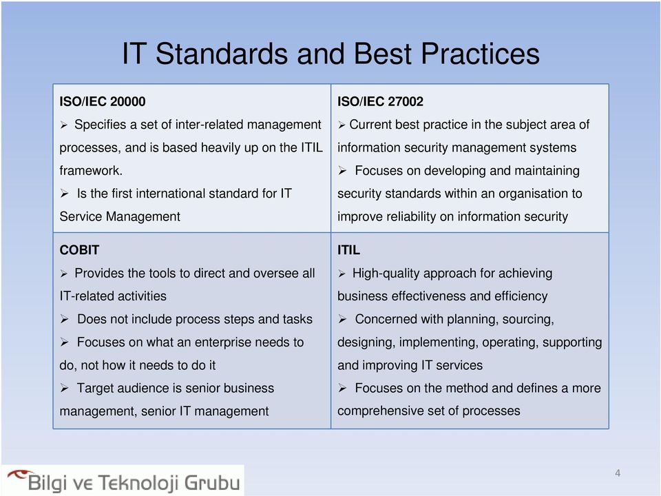enterprise needs to do, not how it needs to do it Target audience is senior business management, senior IT management ISO/IEC 27002 Current best practice in the subject area of information security