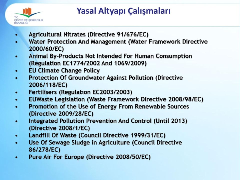 EUWaste Legislation (Waste Framework Directive 2008/98/EC) Promotion of the Use of Energy From Renewable Sources (Directive 2009/28/EC) Integrated Pollution Prevention And Control