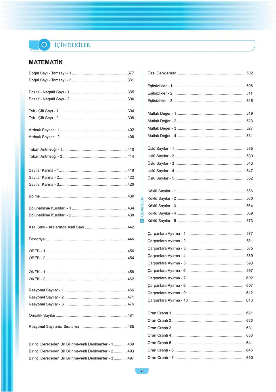 .. 523 Mutlak De er - 3... 527 Mutlak De er - 4... 531 Taban Aritmeti i - 1... 410 Taban Aritmeti i - 2... 414 Say lar Karma - 1... 418 Say lar Karma - 2... 422 Say lar Karma - 3... 426 Bölme.