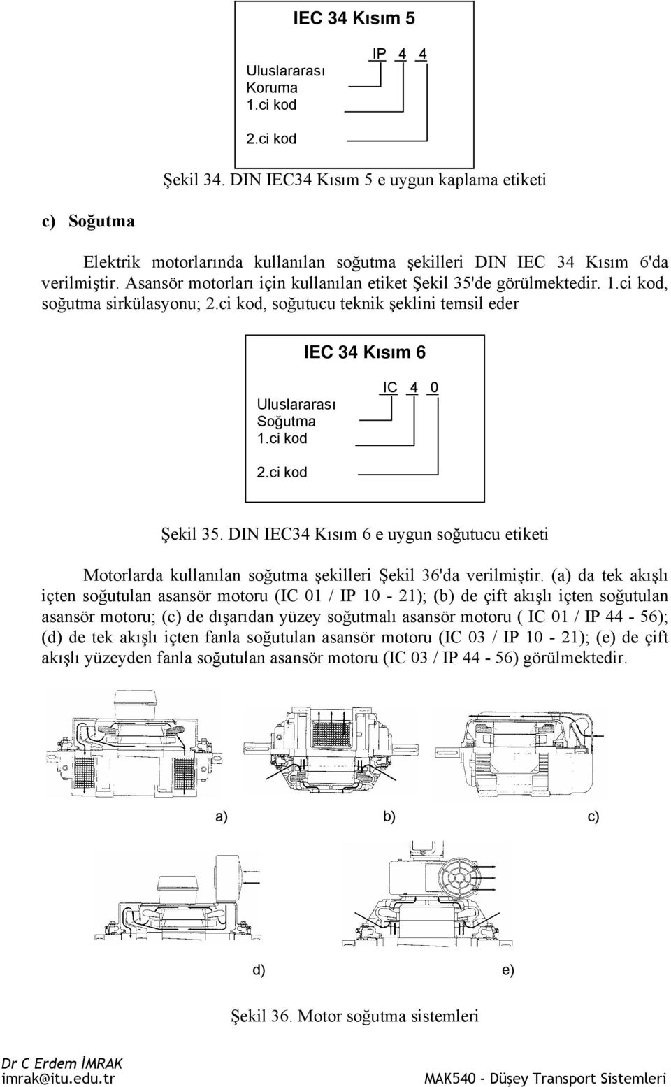 Asansör motorları için kullanılan etiket Şekil 35'de görülmektedir. 1.ci kod, soğutma sirkülasyonu; 2.ci kod, soğutucu teknik şeklini temsil eder IEC 34 Kısım 6 Uluslararası Soğutma 1.ci kod IC 4 0 2.
