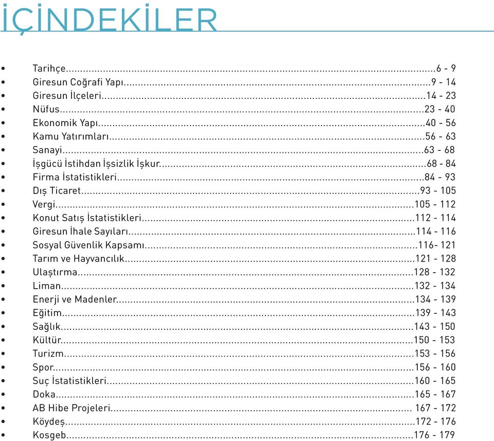 ..112-114 Giresun İhale Sayıları...114-116 Sosyal Güvenlik Kapsamı...116-121 Tarım ve Hayvancılık...121-128 Ulaştırma...128-132 Liman...132-134 Enerji ve Madenler.