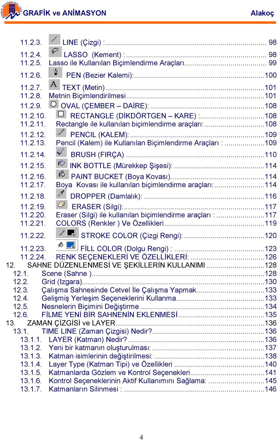 Pencil (Kalem) ile Kullanılan Biçimlendirme Araçları :...109 11.2.14. BRUSH (FIRÇA)...110 11.2.15. INK BOTTLE (Mürekkep Şişesi):...114 11.2.16. PAINT BUCKET (Boya Kovası)...114 11.2.17.