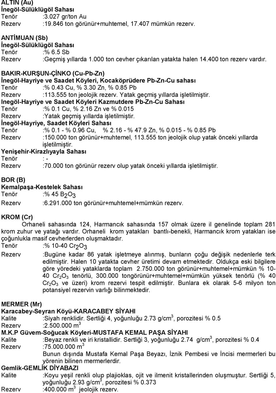 85 Pb Rezerv :113.555 ton jeolojik rezerv. Yatak geçmiş yıllarda işletilmiştir. Inegöl-Hayriye ve Saadet Köyleri Kazmutdere Pb-Zn-Cu Sahası Tenör :% 0.1 Cu, % 2.16 Zn ve % 0.