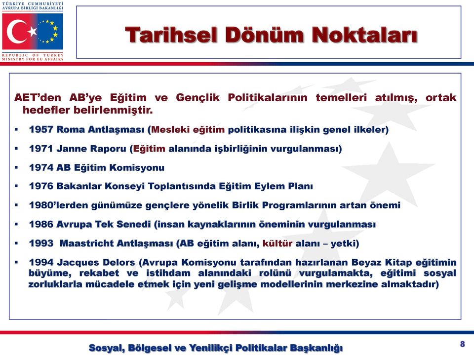 Toplantısında Eğitim Eylem Planı 1980 lerden günümüze gençlere yönelik Birlik Programlarının artan önemi 1986 Avrupa Tek Senedi (insan kaynaklarının öneminin vurgulanması 1993 Maastricht