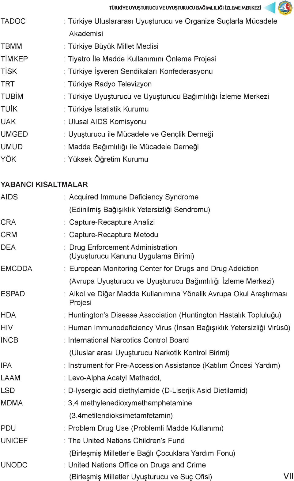 Komisyonu : Uyuşturucu ile Mücadele ve Gençlik Derneği : Madde Bağımlılığı ile Mücadele Derneği : Yüksek Öğretim Kurumu YABANCI KISALTMALAR AIDS CRA CRM DEA EMCDDA ESPAD HDA HIV INCB IPA LAAM LSD