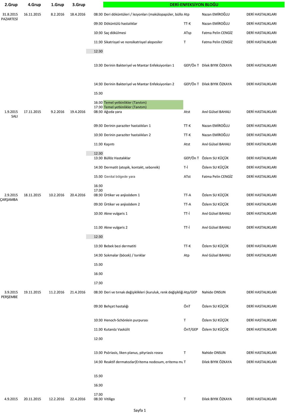 2016 08:30 Deri döküntüleri / lezyonları (makülopapüler, bülloz, Atp veziküler) Nazan EMİROĞLU DERİ HASTALIKLARI 09:30 Döküntülü hastalıklar TT K Nazan EMİROĞLU DERİ HASTALIKLARI 10:30 Saç dökülmesi