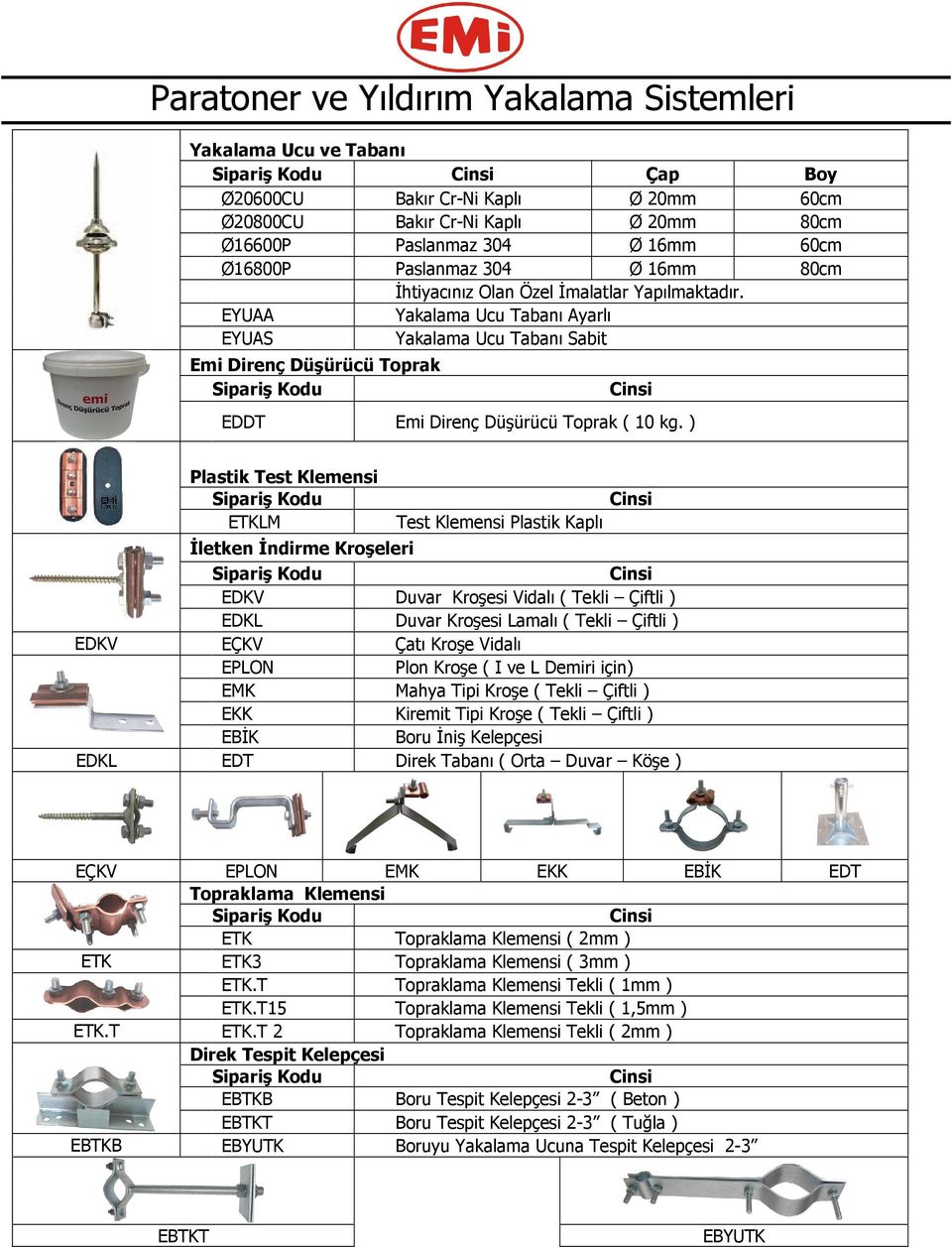) Plastik Test Klemensi ETKLM Test Klemensi Plastik Kaplı İletken İndirme Kroşeleri EDKV Duvar Kroşesi Vidalı ( Tekli Çiftli ) EDKL Duvar Kroşesi Lamalı ( Tekli Çiftli ) EDKV EÇKV Çatı Kroşe Vidalı