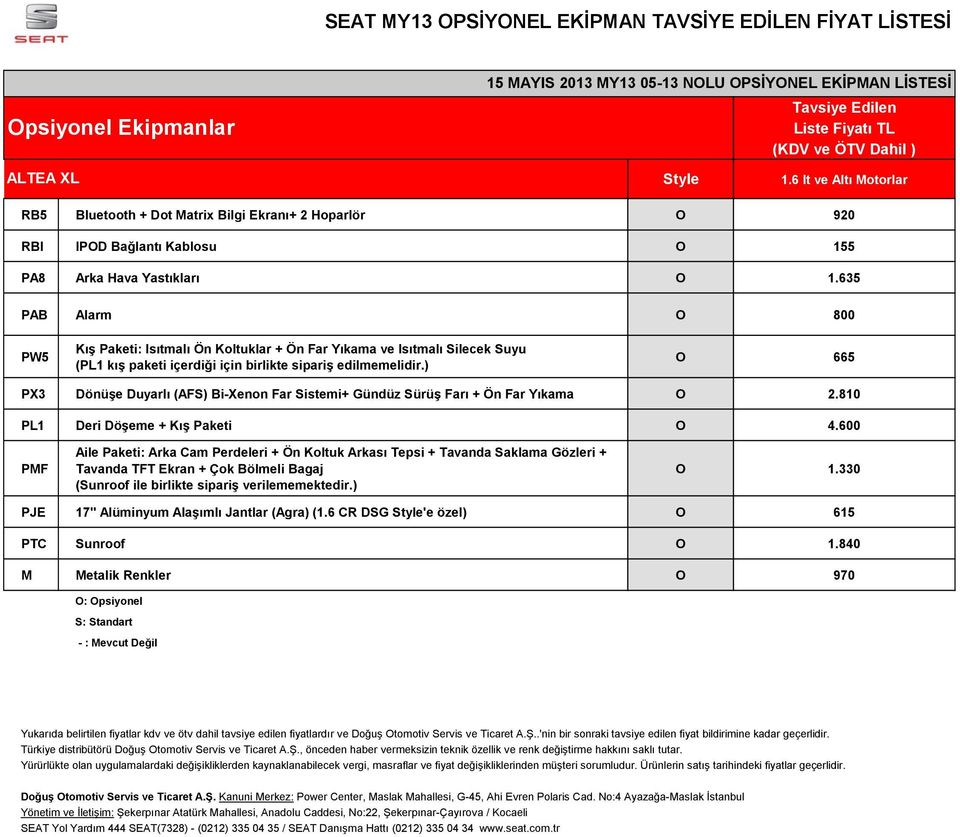 ) O 665 PX3 Dönüşe Duyarlı (AFS) Bi-Xenon Far Sistemi+ Gündüz Sürüş Farı + Ön Far Yıkama O 2.810 PL1 Deri Döşeme + Kış Paketi O 4.