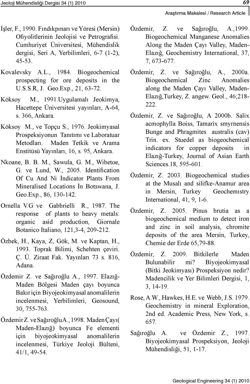 Köksoy M., 1991.Uygulamalı Jeokimya, Hacettepe Üniversitesi yayınları, A-64, s. 366, Ankara. Köksoy M., ve Topçu S., 1976. Jeokimyasal Prospeksiyonun Tanıtımı ve Laboratuar Metodları.