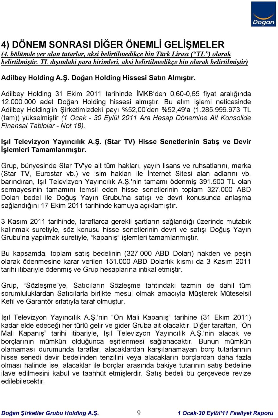 Adilbey Holding 31 Ekim 2011 tarihinde İMKB den 0,60-0,65 fiyat aralığında 12.000.000 adet Doğan Holding hissesi almıştır.