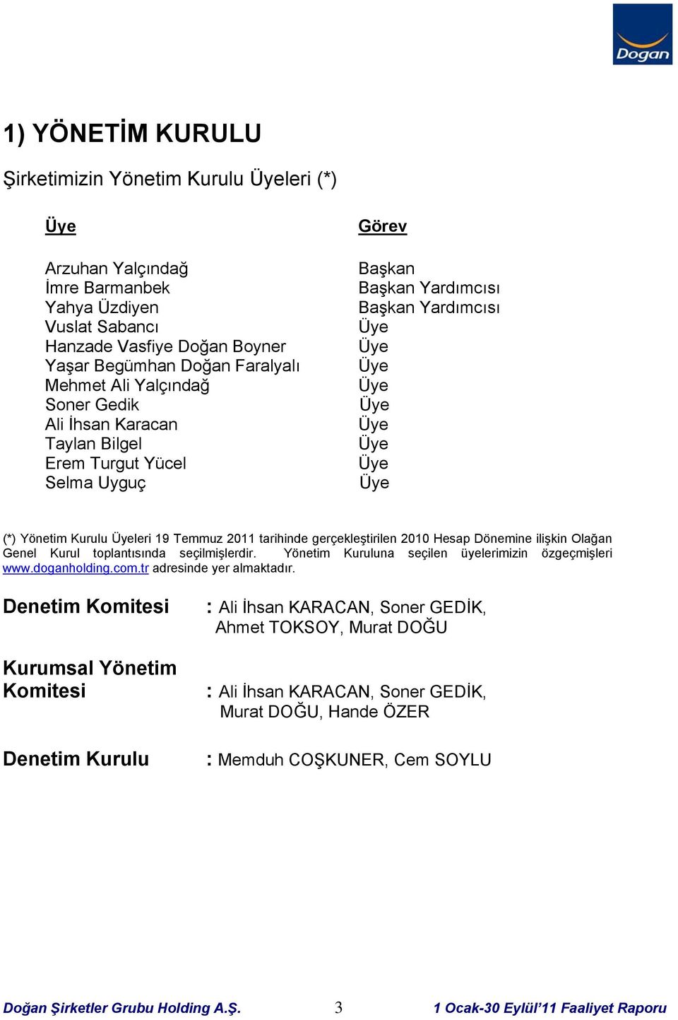 Dönemine ilişkin Olağan Genel Kurul toplantısında seçilmişlerdir. Yönetim Kuruluna seçilen üyelerimizin özgeçmişleri www.doganholding.com.tr adresinde yer almaktadır.