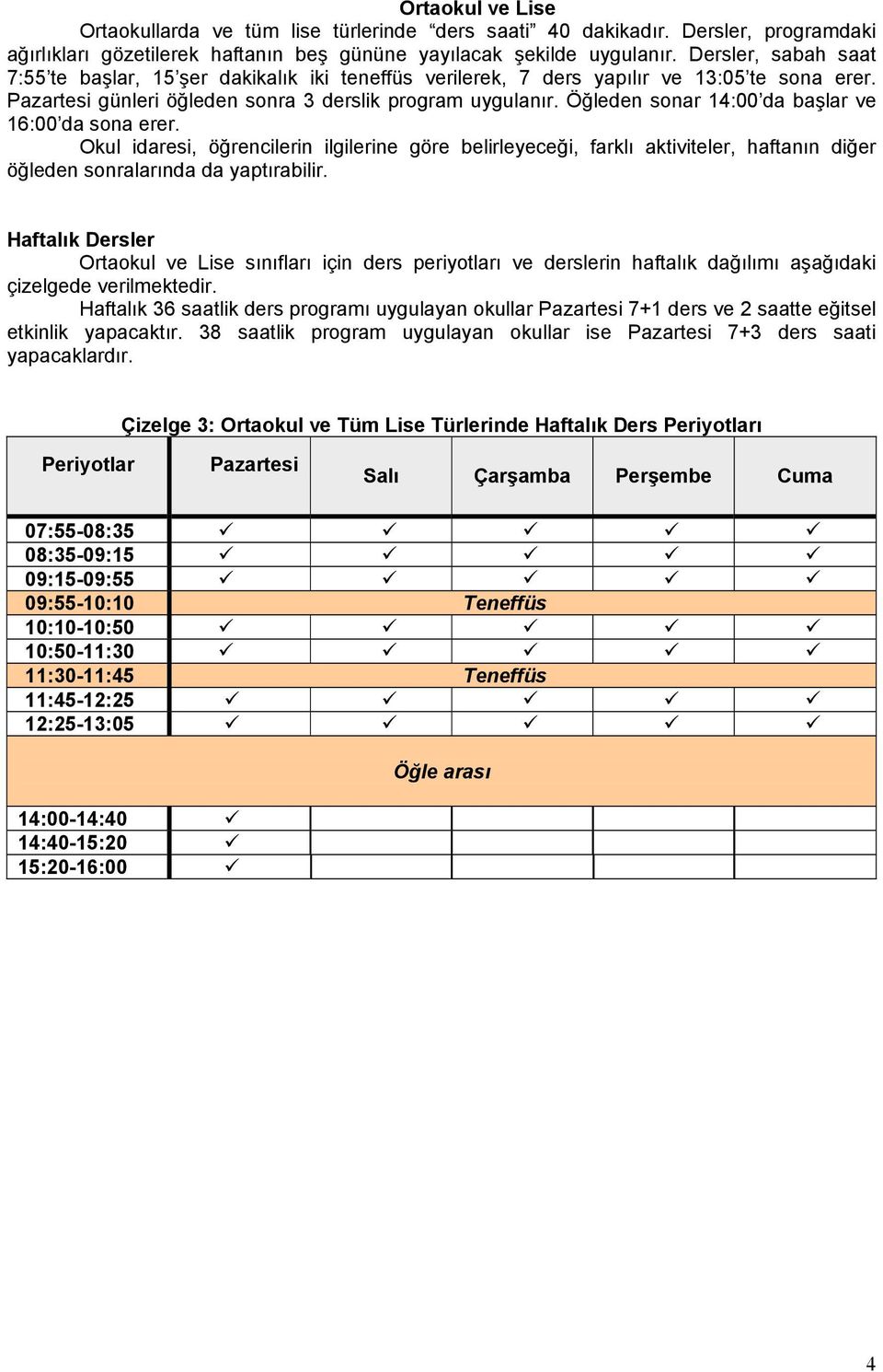 Öğleden sonar 14:00 da başlar ve 16:00 da sona erer. Okul idaresi, öğrencilerin ilgilerine göre belirleyeceği, farklı aktiviteler, haftanın diğer öğleden sonralarında da yaptırabilir.