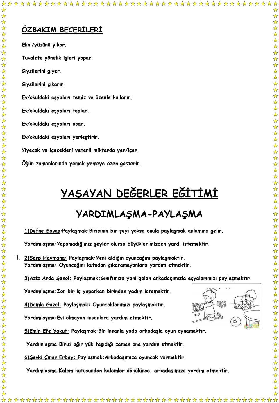 YAŞAYAN DEĞERLER EĞİTİMİ YARDIMLAŞMA-PAYLAŞMA 1)Defne Savaş:Paylaşmak:Birisinin bir şeyi yoksa onula paylaşmak anlamına gelir. Yardımlaşma:Yapamadığımız şeyler olursa büyüklerimizden yardı istemektir.