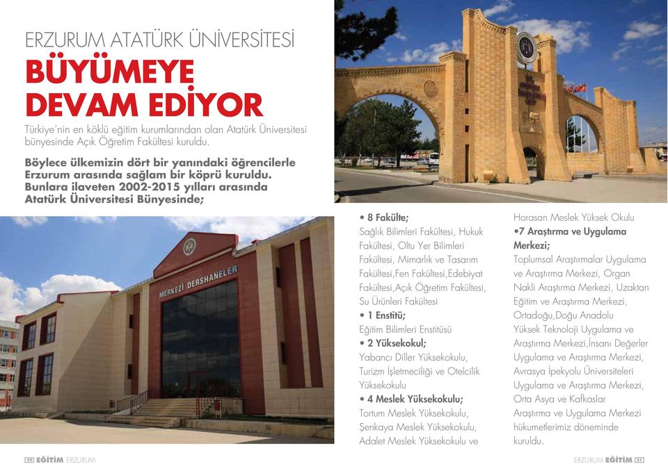 Bunlara ilaveten 2002-2015 yılları arasında Atatürk Üniversitesi Bünyesinde; 8 Fakülte; Sağlık Bilimleri Fakültesi, Hukuk Fakültesi, Oltu Yer Bilimleri Fakültesi, Mimarlık ve Tasarım Fakültesi,Fen