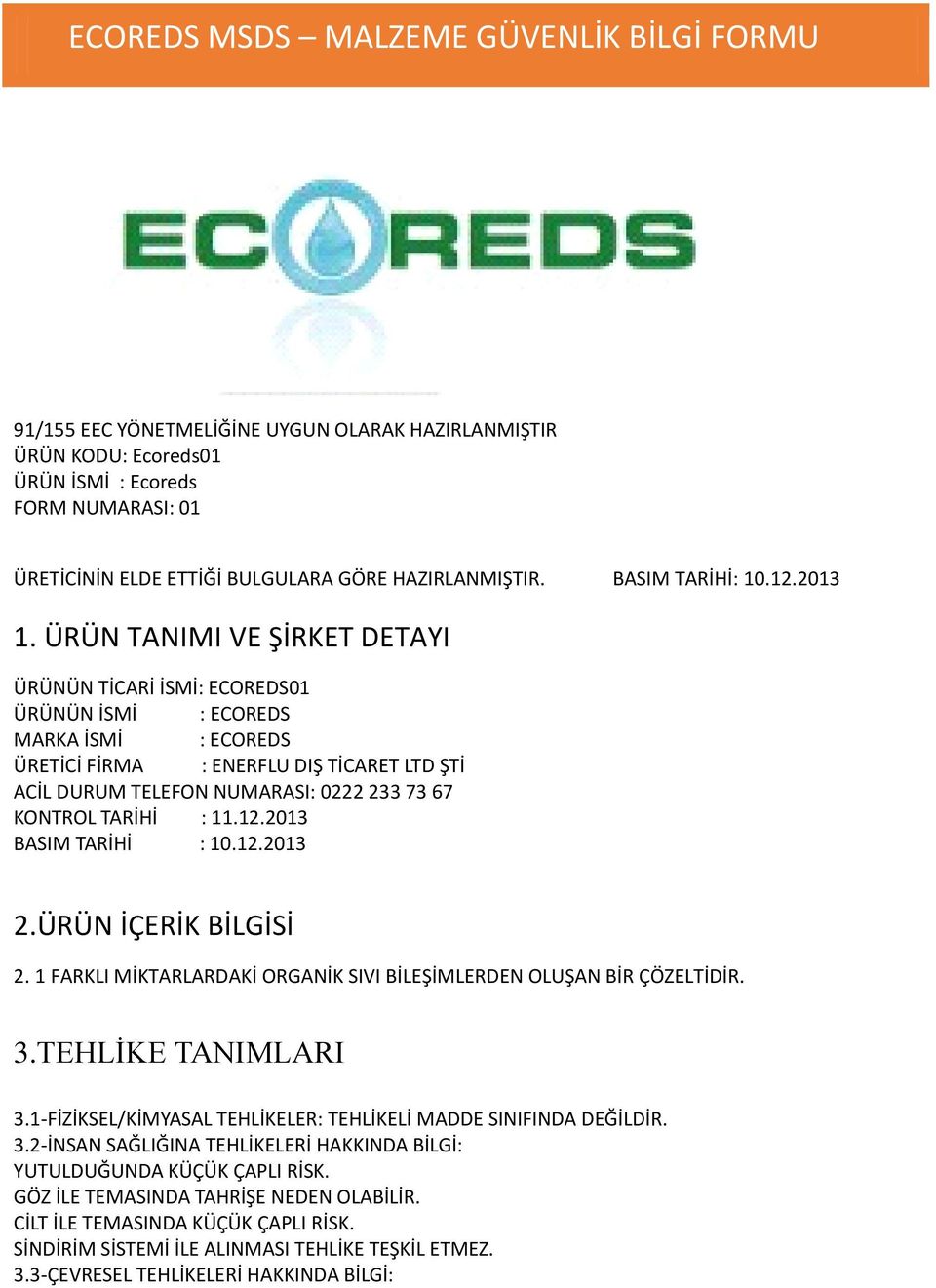 ECOREDS MSDS MALZEME GÜVENLİK BİLGİ FORMU - PDF Free Download