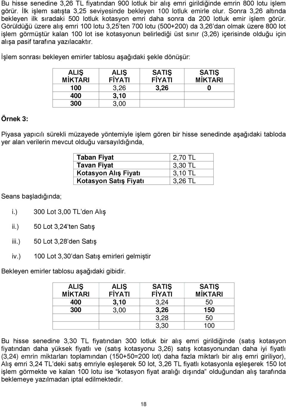 Görüldüğü üzere alış emri 100 lotu 3,25 ten 700 lotu (500+200) da 3,26 dan olmak üzere 800 lot işlem görmüştür kalan 100 lot ise kotasyonun belirlediği üst sınır (3,26) içerisinde olduğu için alışa