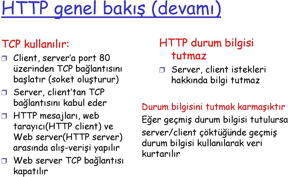 yapılır Web server TCP bağlantısı kapatılır HTTP durum bilgisi tutmaz Server, client istekleri hakkında bilgi tutmaz Durum